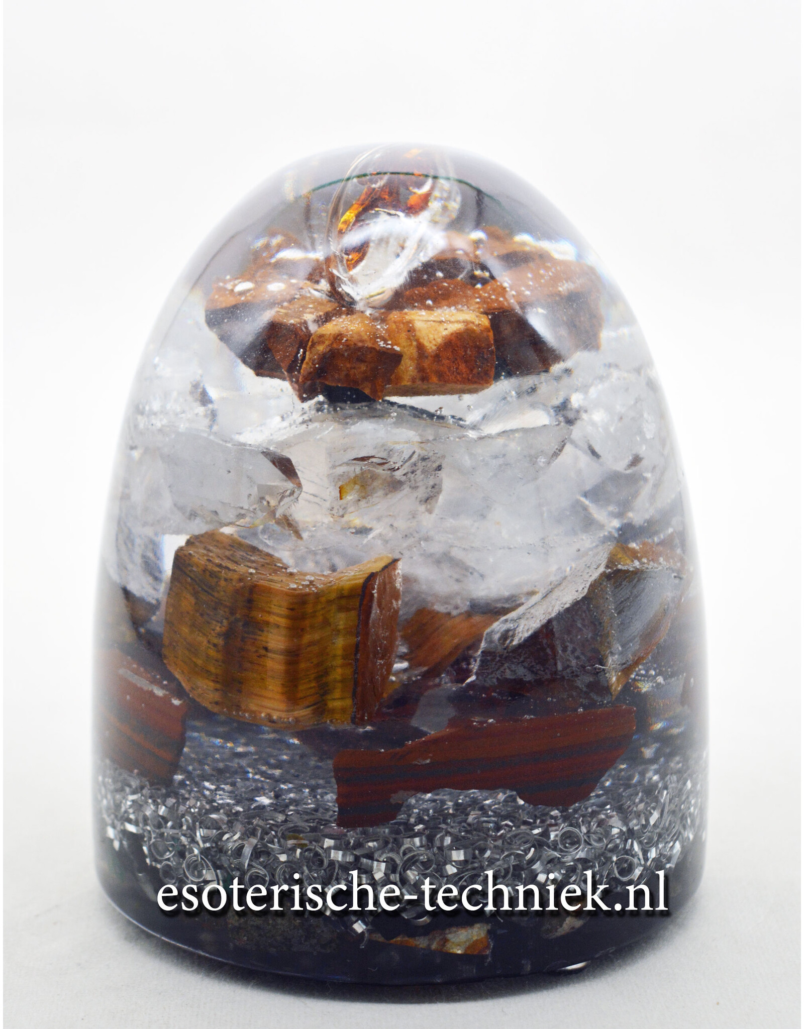 Orgone Orgonite cone met Tijgeroog, Versteend Hout, Tijgerijzer,  Arkansas kristal en Kunziet