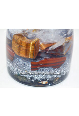 Orgone Orgonite cone met Tijgeroog, Versteend Hout, Tijgerijzer,  Arkansas kristal en Kunziet