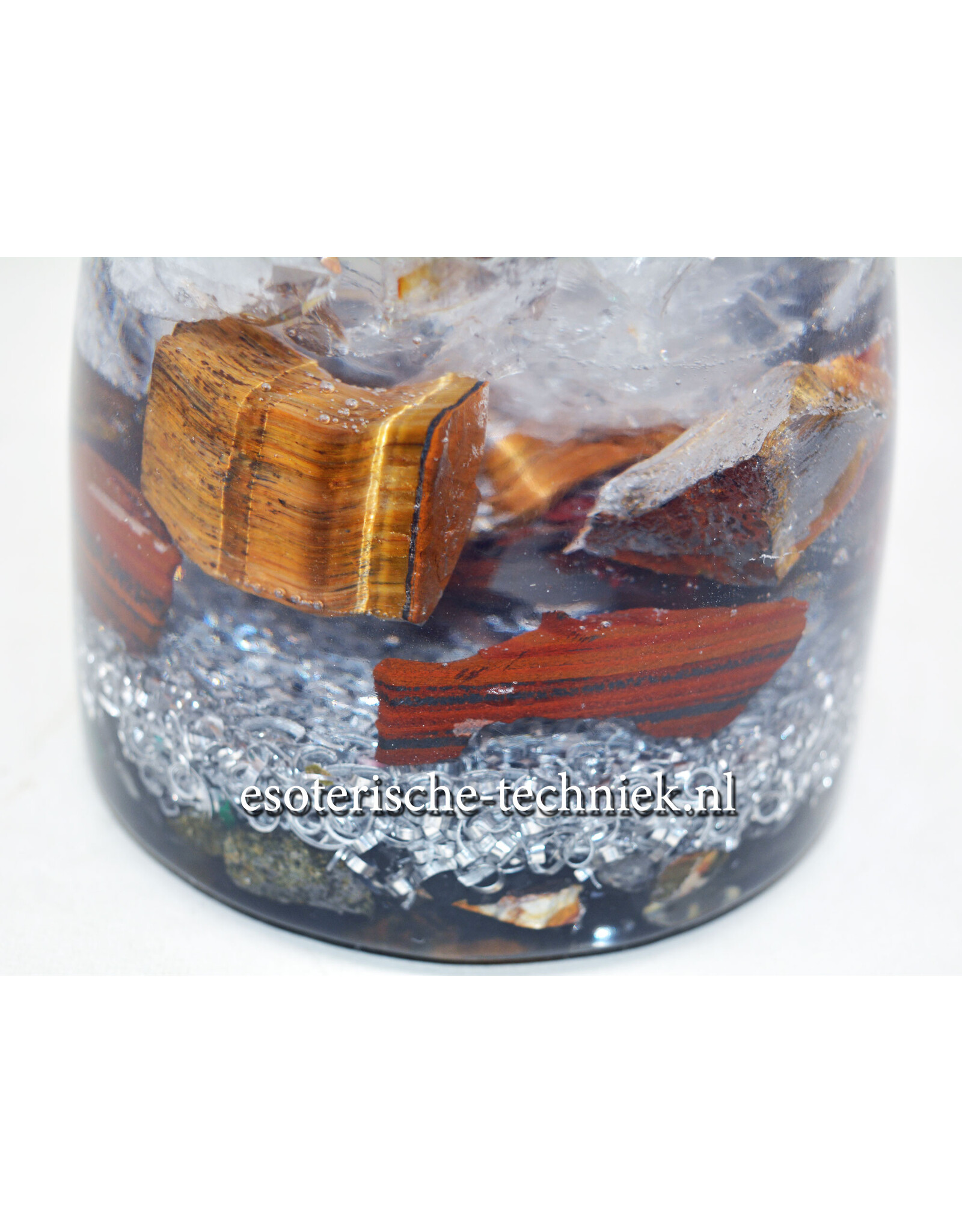 Orgone Orgonite cone met Tijgeroog, Versteend Hout, Tijgerijzer,  Arkansas kristal en Kunziet