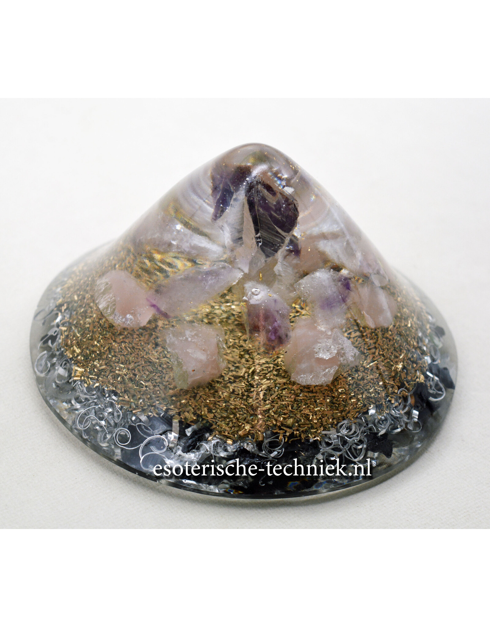 Orgonite cone Amethist, Rozenkwarts, Arkansas kristal en Shungit