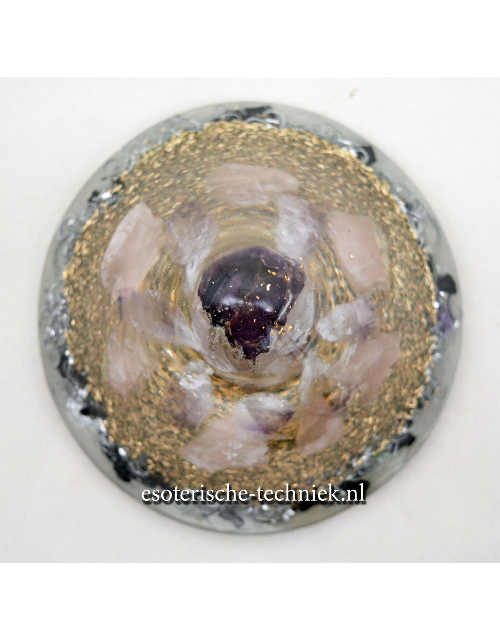 Orgonite cone Amethist, Rozenkwarts, Arkansas kristal en Shungit
