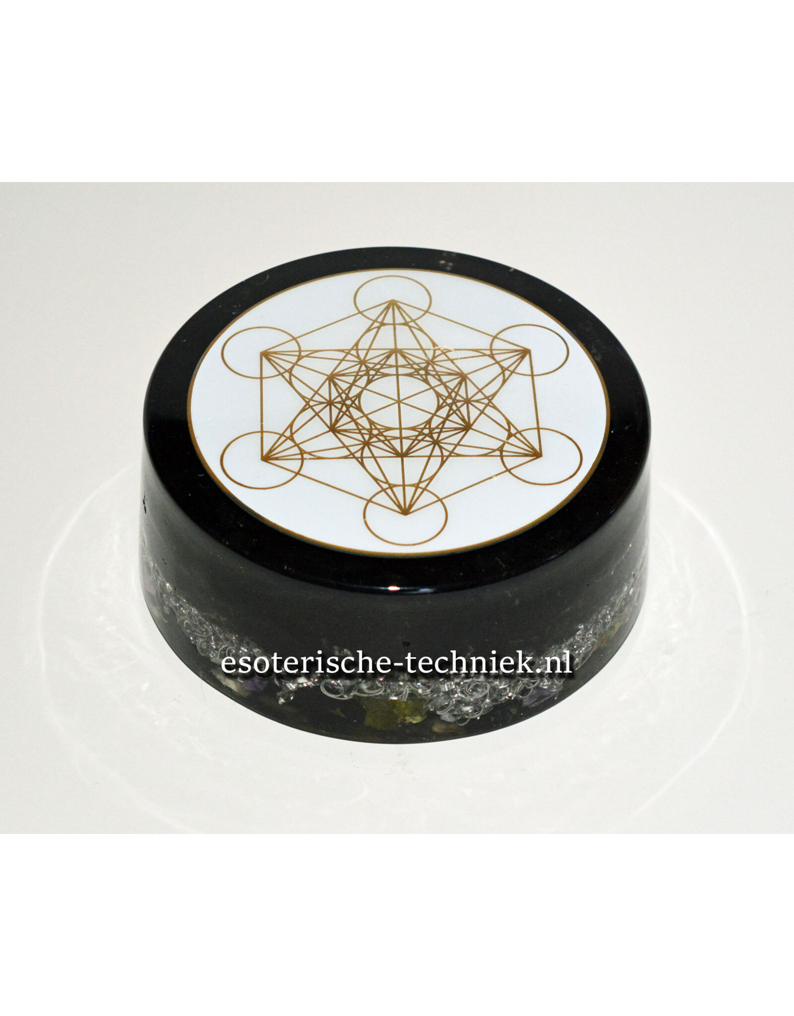 Orgonite Oplaadschijf Shungite met het Metatron symbool van geëtst koper dat is verguld met 24-karaats goud