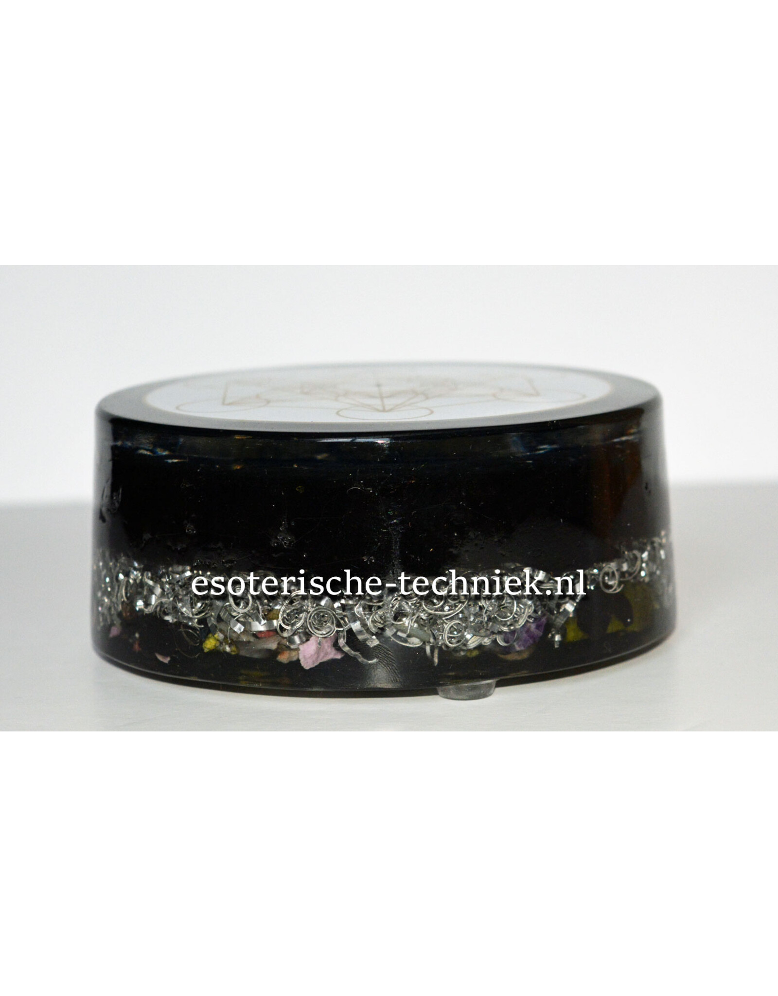 Orgonite Oplaadschijf Shungite met het Metatron symbool van geëtst koper dat is verguld met 24-karaats goud