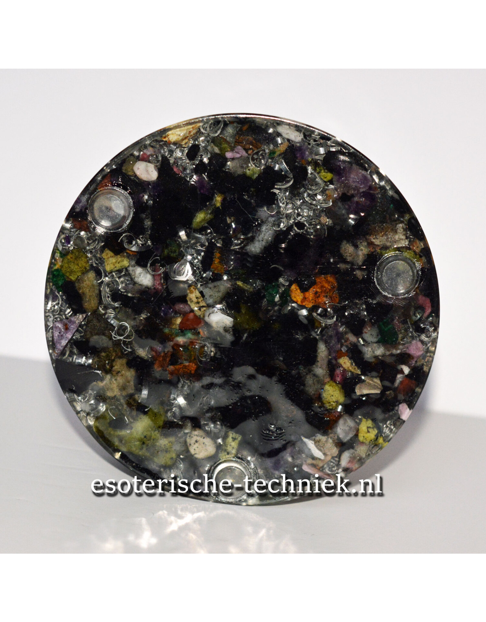 Orgonite Oplaadschijf Shungite met het Metatron symbool van geëtst koper dat is verguld met 24-karaats goud