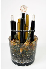 Orgone Chembuster dubbele vortex Preseli Bluestone, Gele Fluoriet, Labradoriet, Bergkristal en Shungite