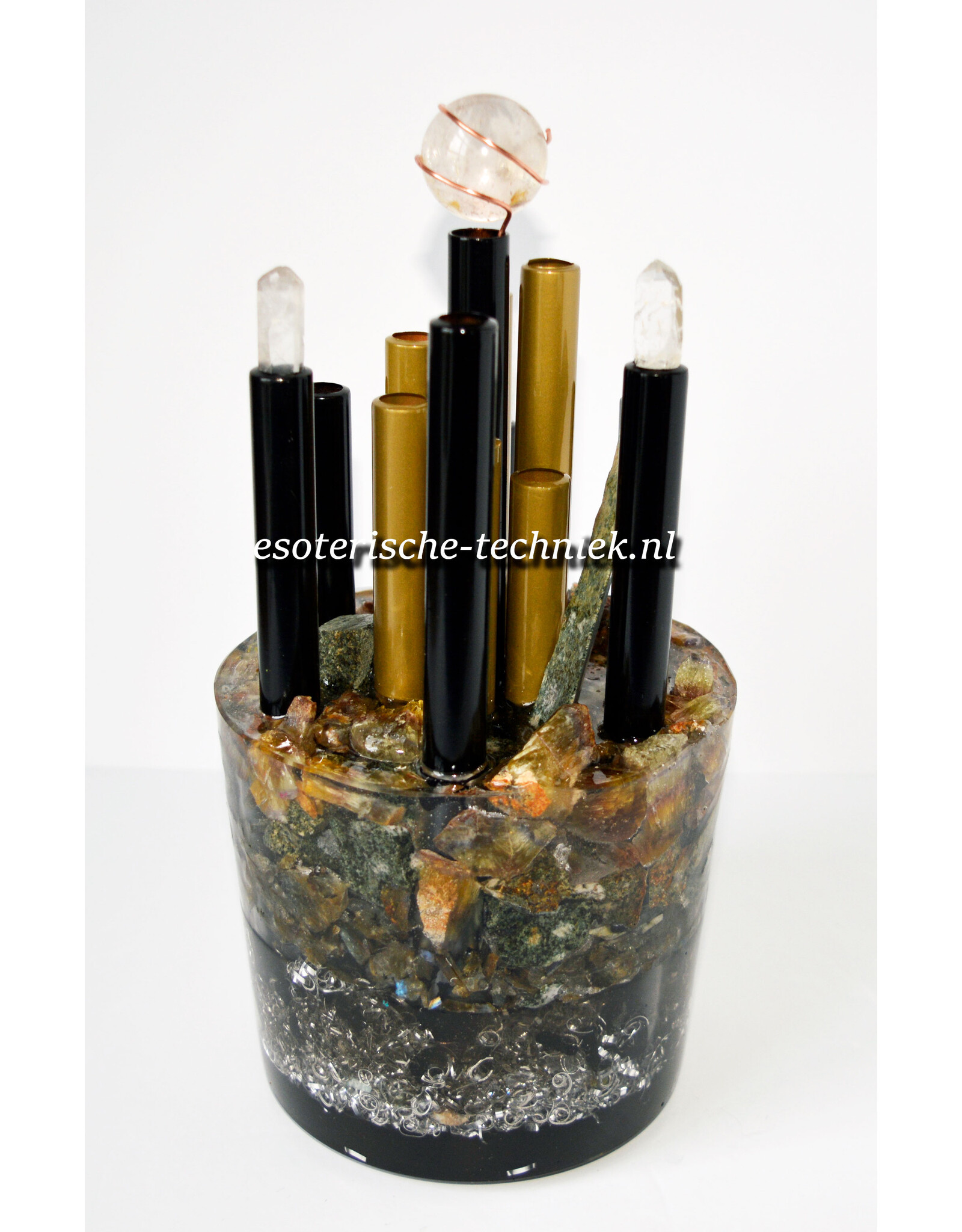 Orgone Chembuster dubbele vortex Preseli Bluestone, Gele Fluoriet, Labradoriet, Bergkristal en Shungite
