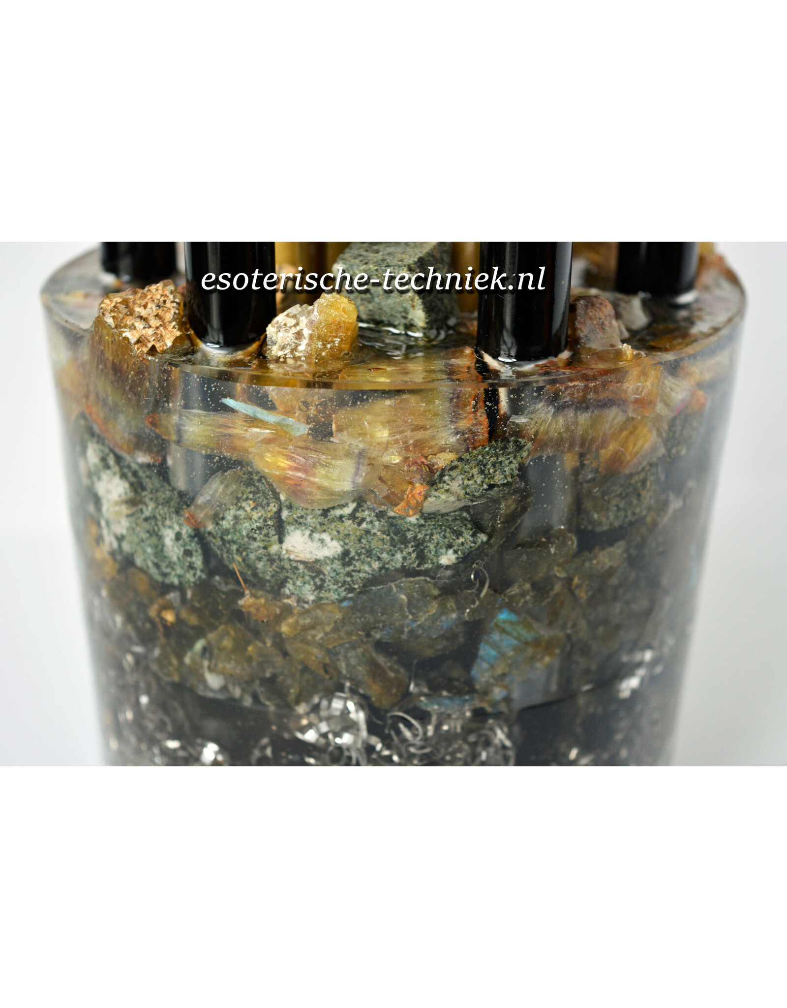 Orgone Chembuster dubbele vortex Preseli Bluestone, Gele Fluoriet, Labradoriet, Bergkristal en Shungite