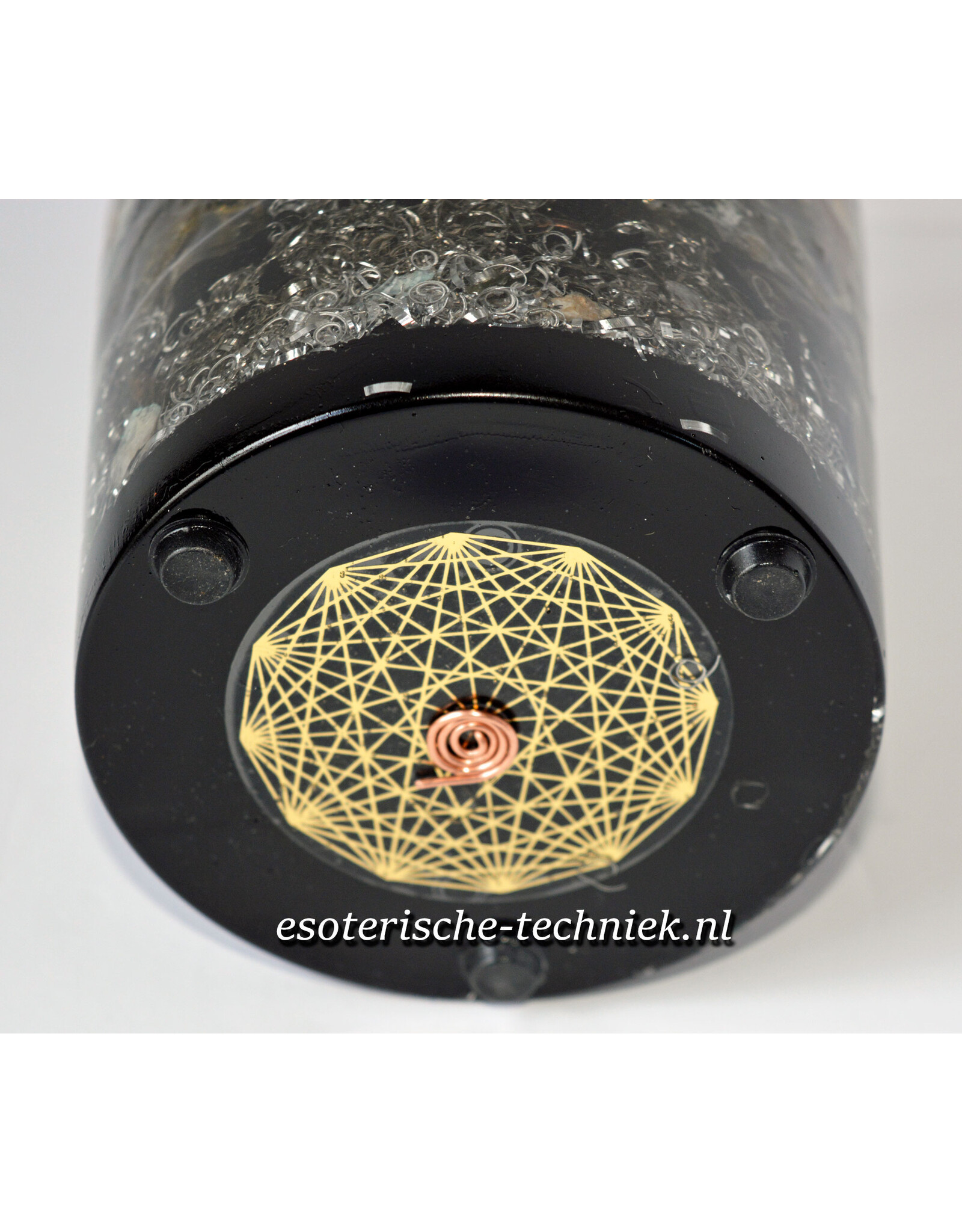 Orgone Chembuster dubbele vortex Preseli Bluestone, Gele Fluoriet, Labradoriet, Bergkristal en Shungite