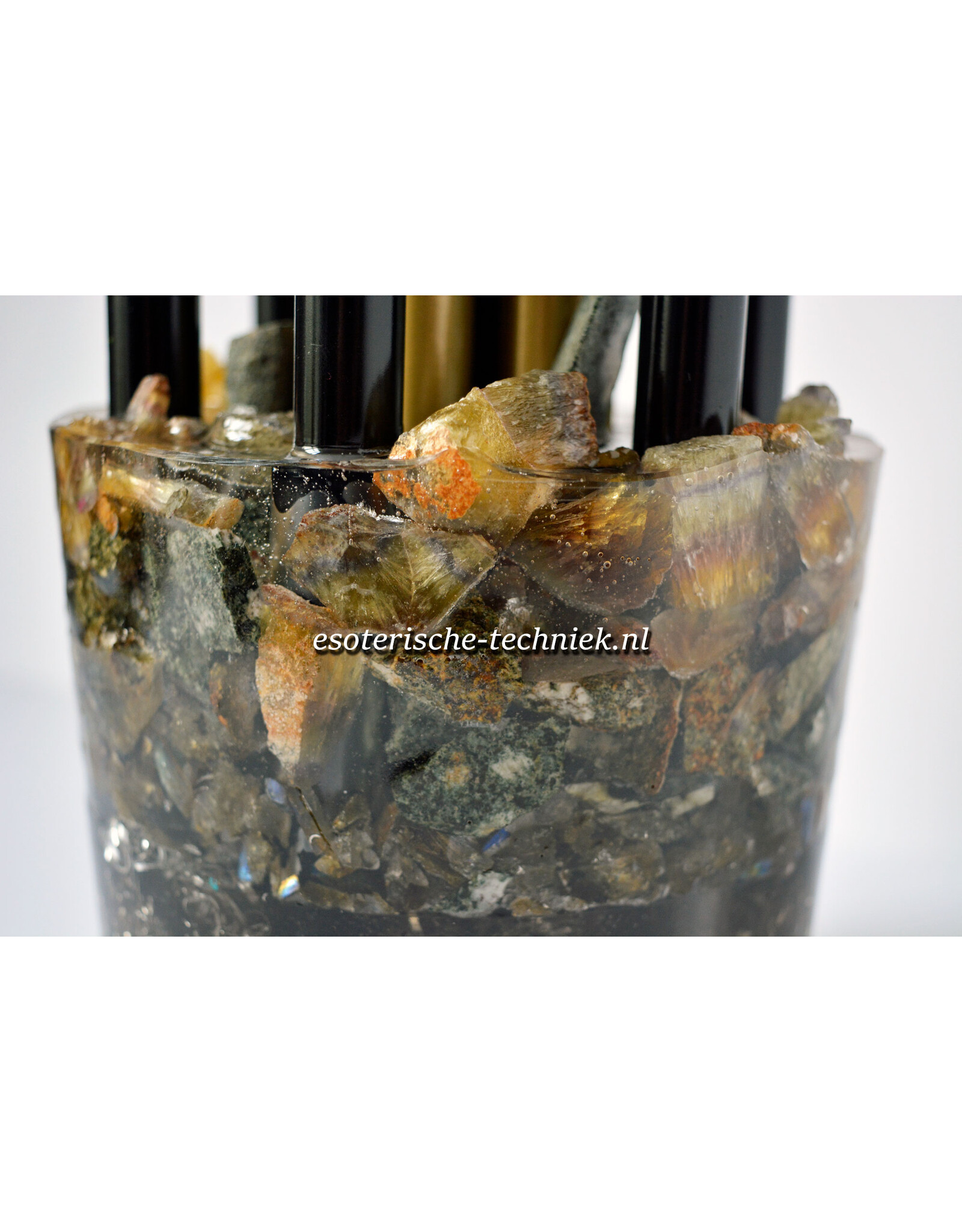 Orgone Chembuster dubbele vortex Preseli Bluestone, Gele Fluoriet, Labradoriet, Bergkristal en Shungite