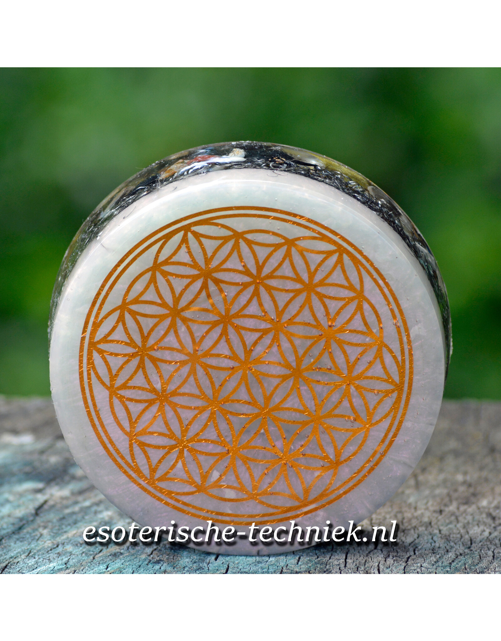 Orgonite Oplaadschijf Arkansas kristal, Shungite  en de Flower of Life