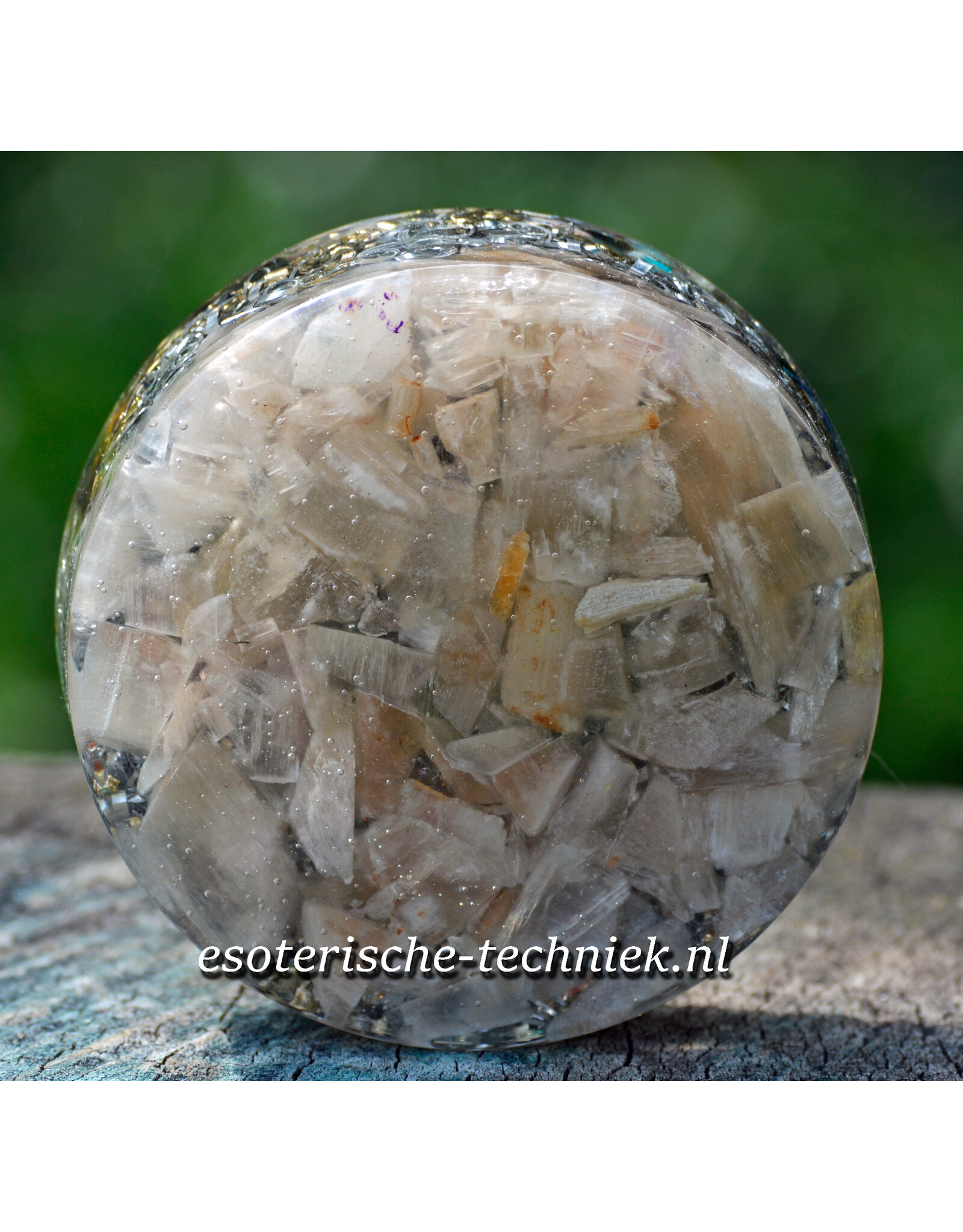 Orgonite Oplaadschijf met Perzik Seleniet, Shungite