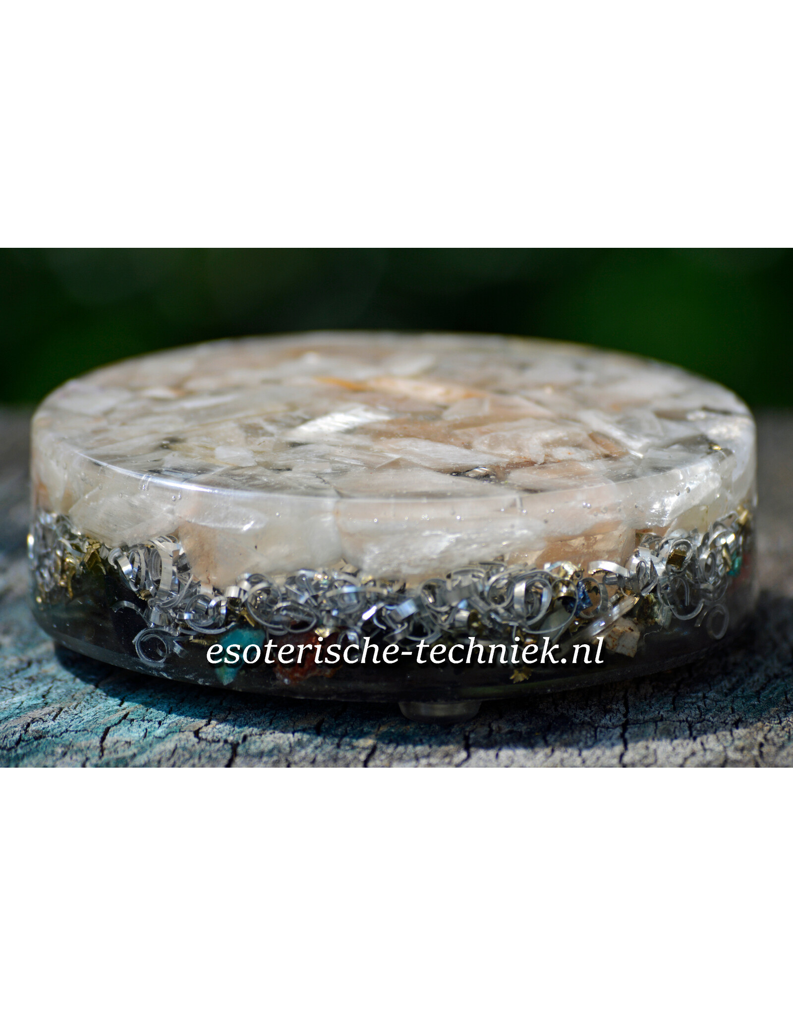 Orgonite Oplaadschijf met Perzik Seleniet, Shungite