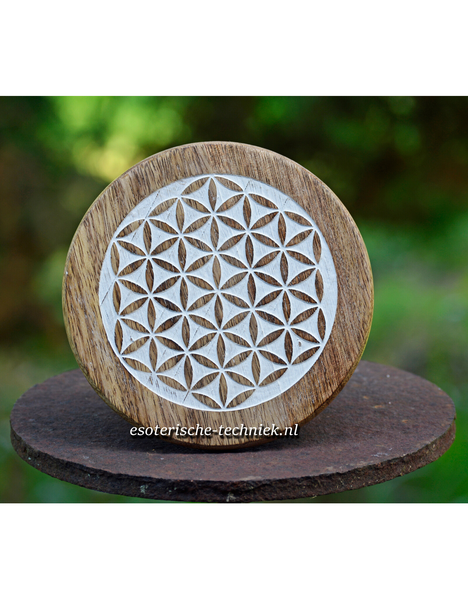 Compact altaar tafeltje van massief mangohout met de Flower of Life