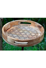 Rond Dienblad van Mangohout met Levensbloem Gravure