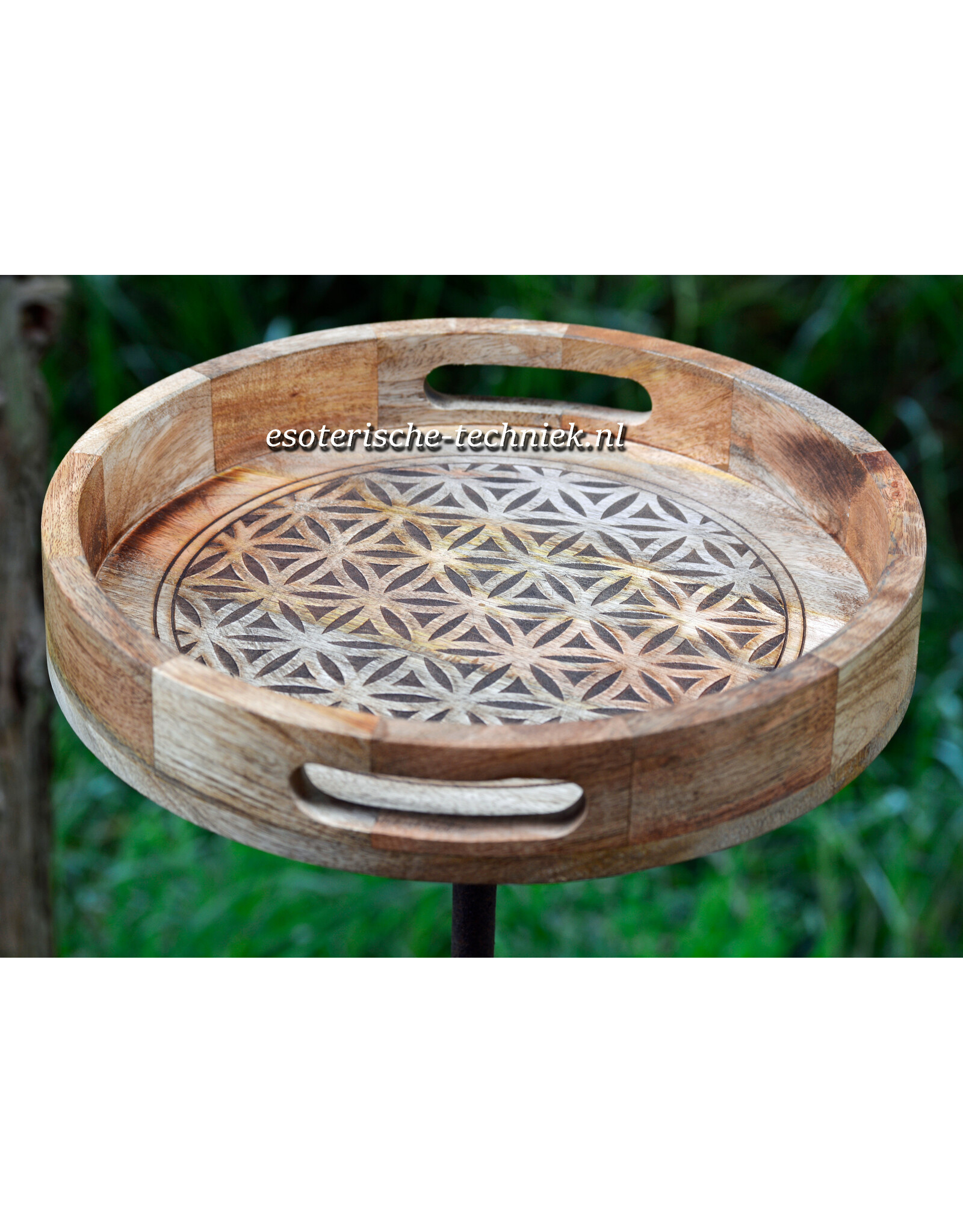 Rond Dienblad van Mangohout met Levensbloem Gravure