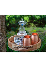 Set: Rond Dienblad Levensbloem Gravure, Koperen Drinkbeker Maanfasen en Lotusbloem, Waterkaraf met Edelstenen de Gouden Driehoek