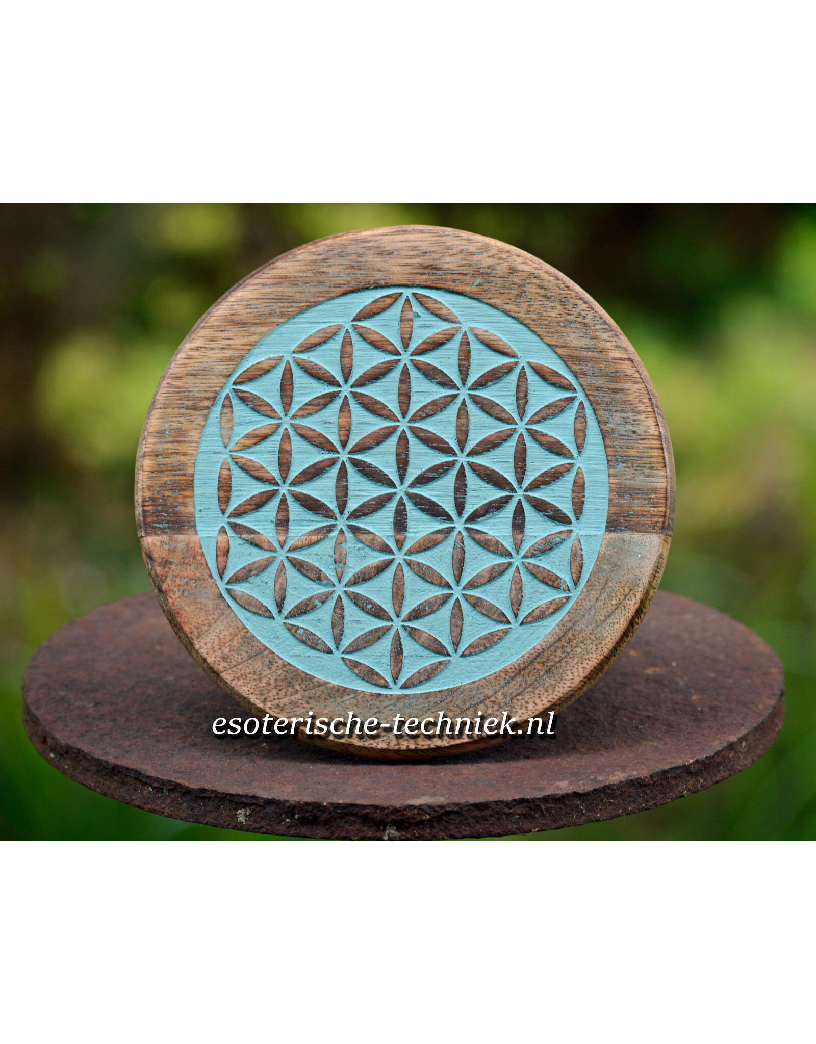 Compact altaar tafeltje van massief mangohout met de Flower of Life