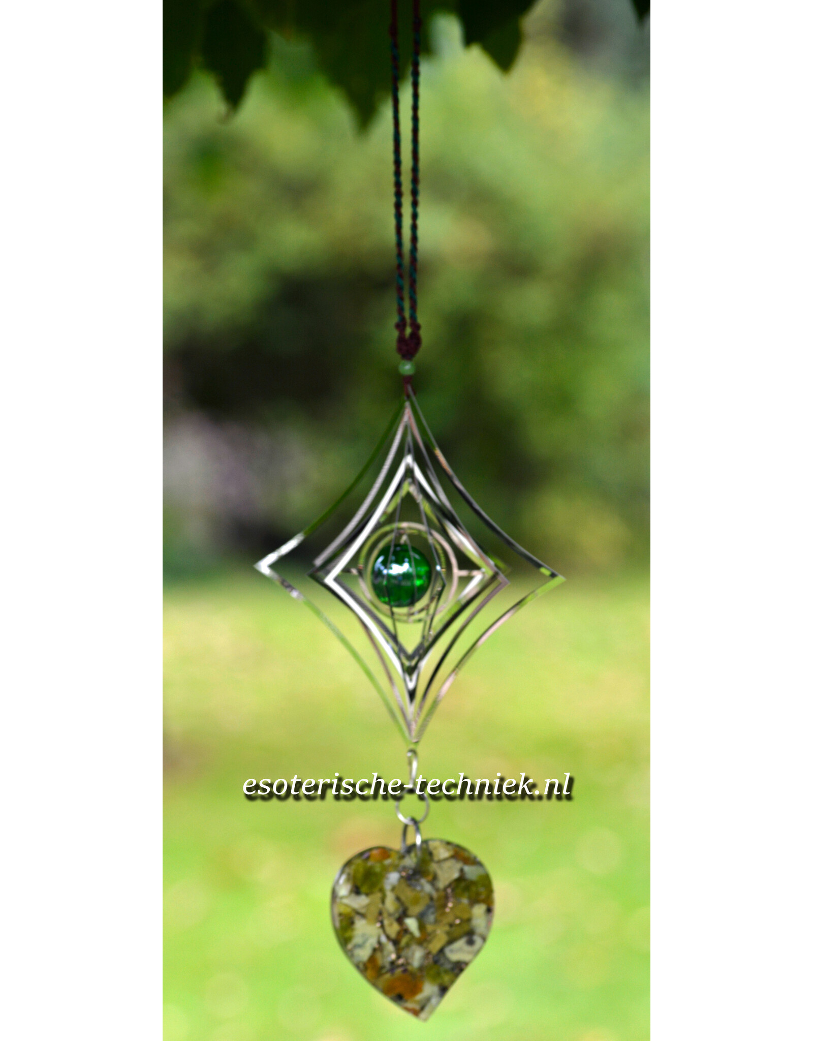 Orgonite raamhanger Groene Opaal, Lizardiet, Atlantisiet en Shungite