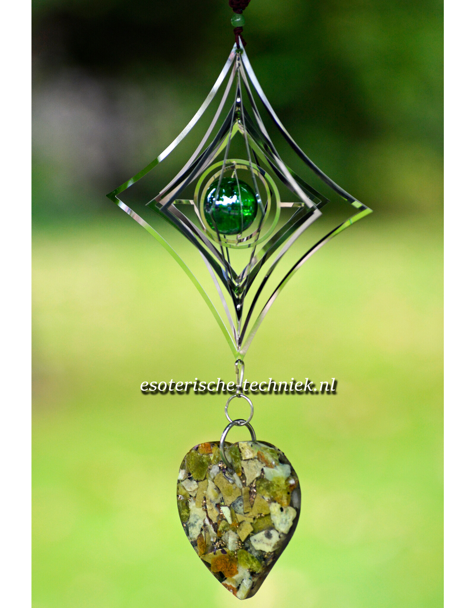 Orgonite raamhanger Groene Opaal, Lizardiet, Atlantisiet en Shungite