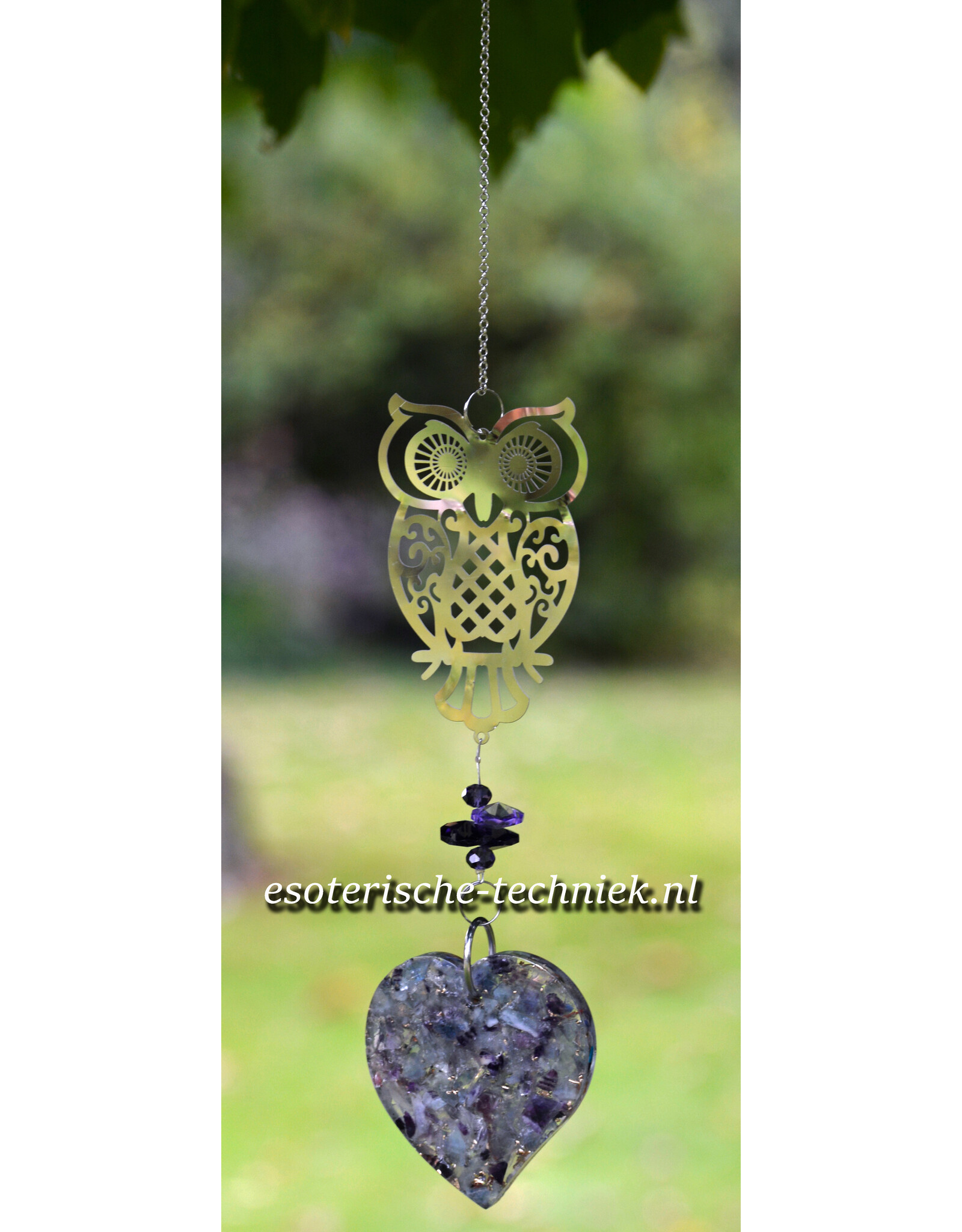 Orgonite Stralingswerende raamhanger Uil met Fluoriet, Charoïet, Amethist en Shungite