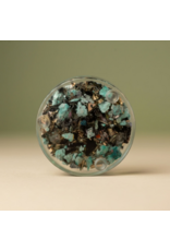 Orgonite Oplaadschijf met Ohm-symbool, Chrysocolla, Shungite en Herkimer-kristallen