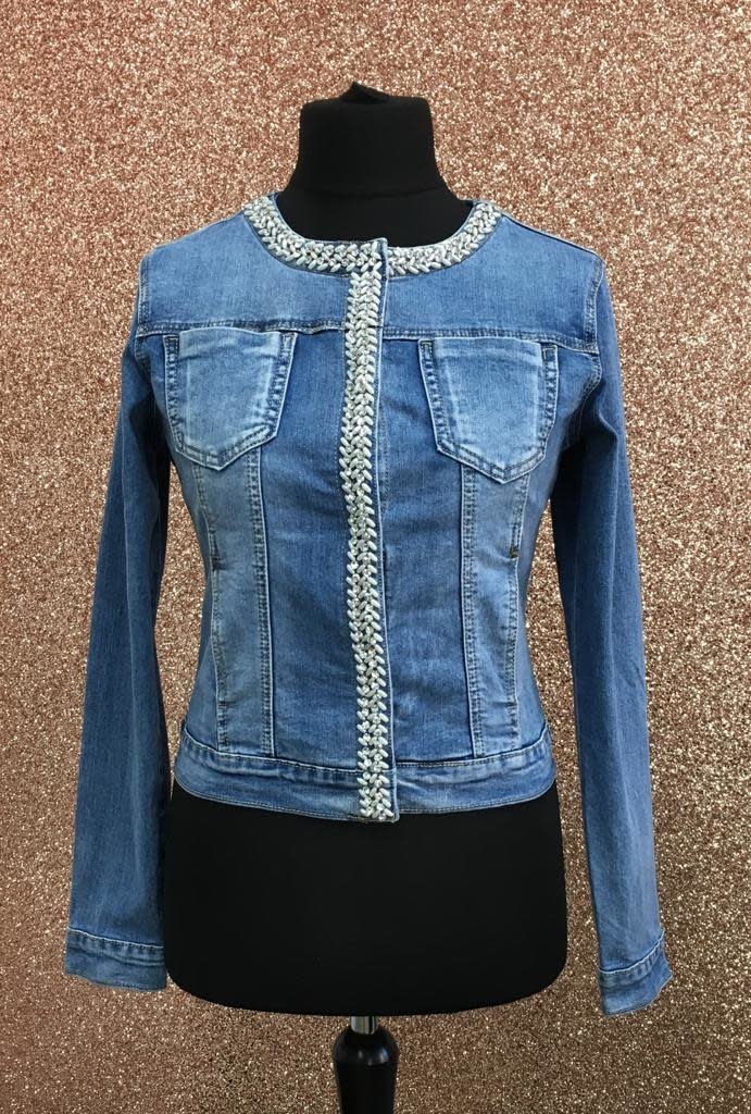 denim jacket with pearl trim