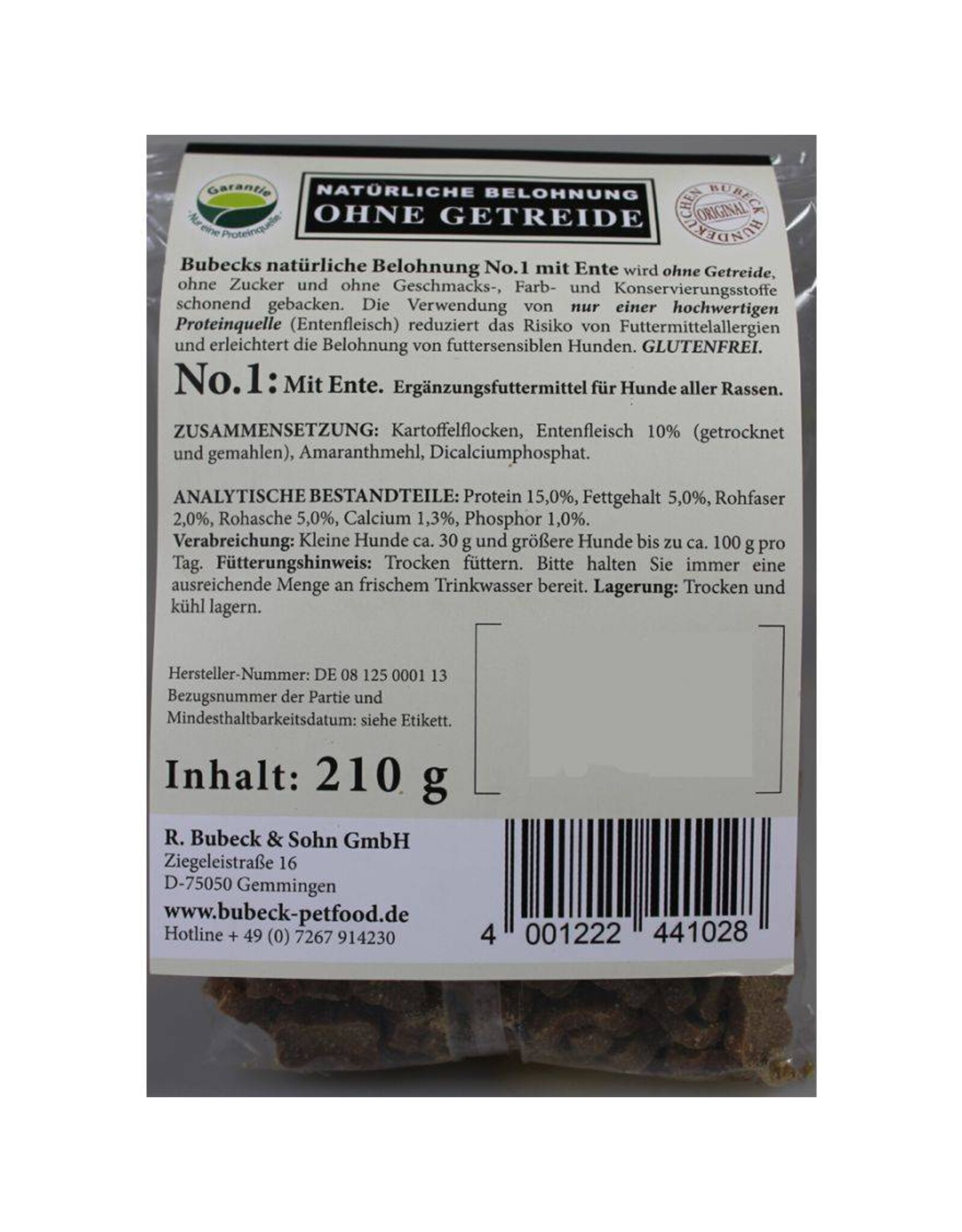 Bubeck Bubeck Getreidefreie Belohnung Nr. 1 mit Ente 210g