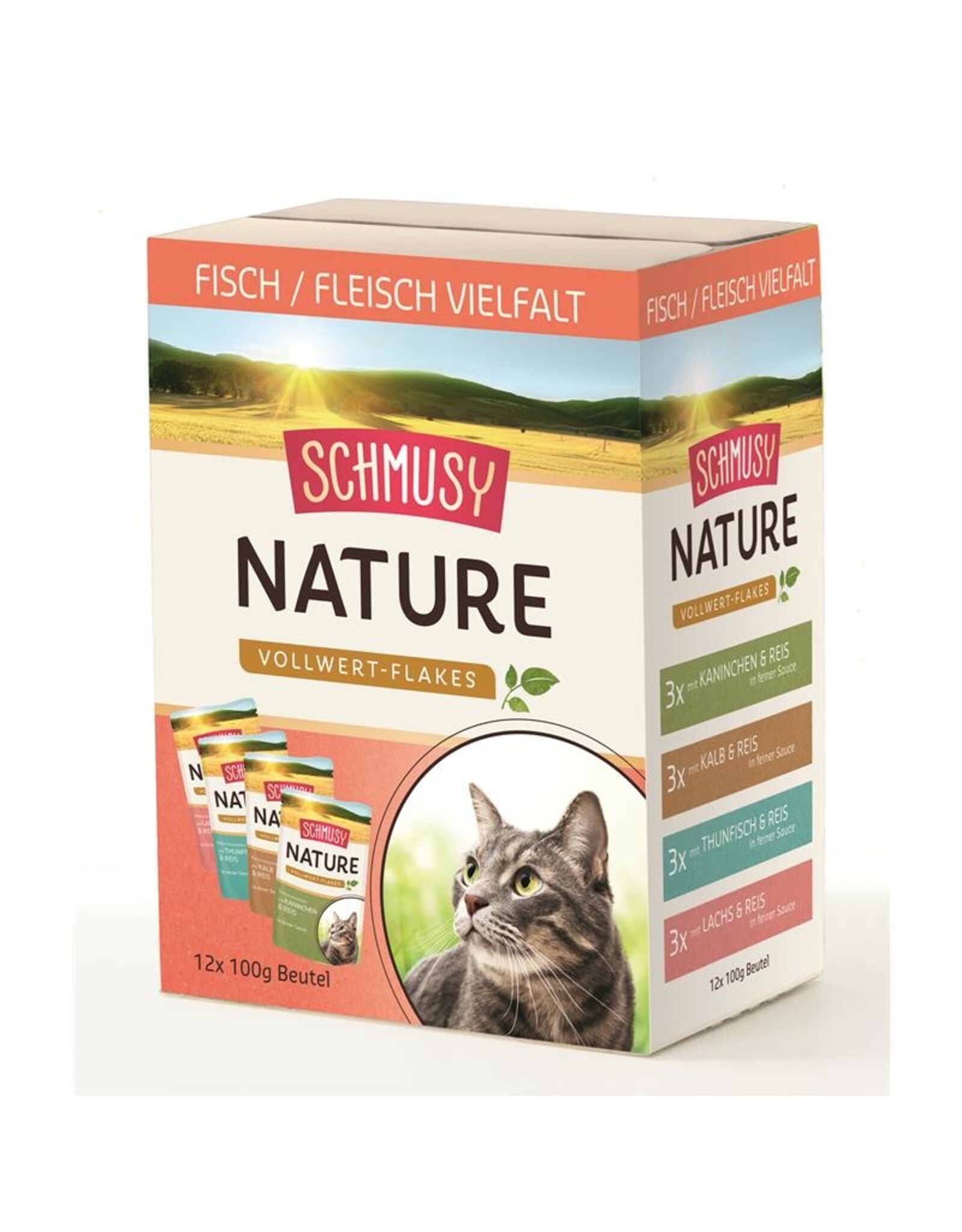 Kattovit Schmusy Nature Vollwert-Flakes Fisch/Fleisch Multibox 12x100g