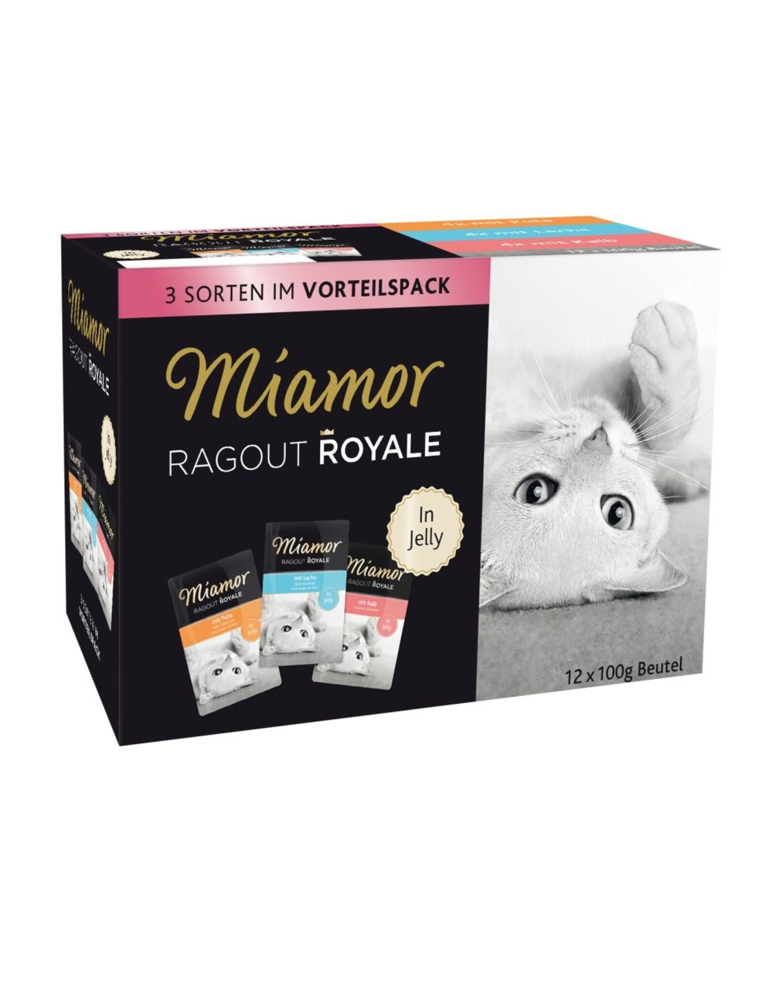 Kattovit Miamor Ragout Royal Jelly Pute, Lachs & Kalb Miltipack 12x100g Frischebeutel