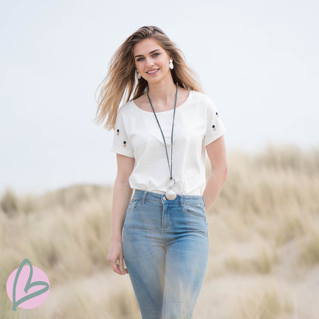 Beadle ketting zeegroen/blauw met zilveren schelp