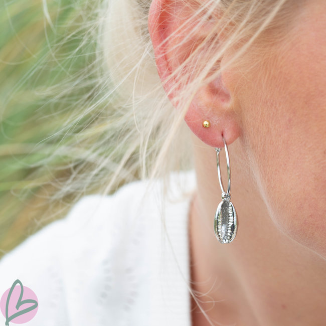 Beadle oorbellen met cowrie schelp zilver