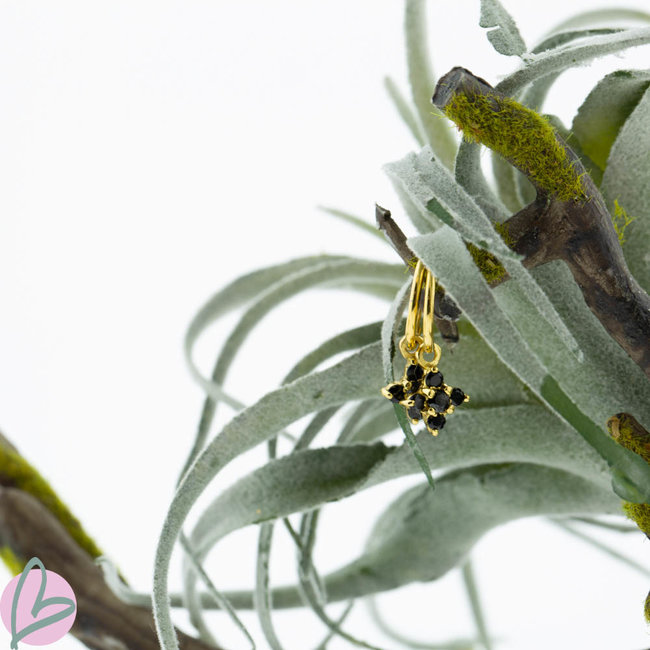Oorringen zilver925 met zwarte steentjes goud bloem