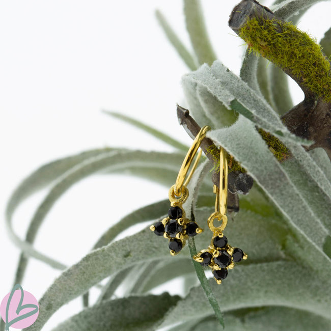 KARMA Oorringen zilver925 met zwarte steentjes goud bloem