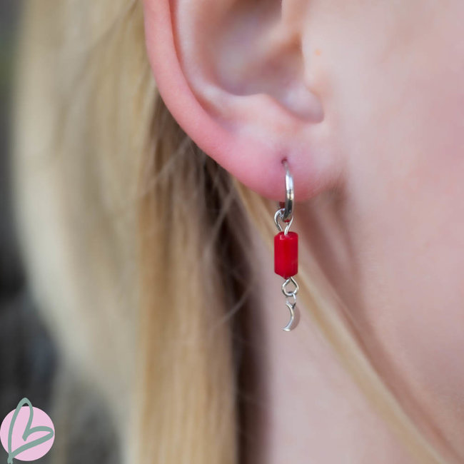 By Jam Gioielli Creolen zilverkleurig Oorbellen koraalrood en maantje