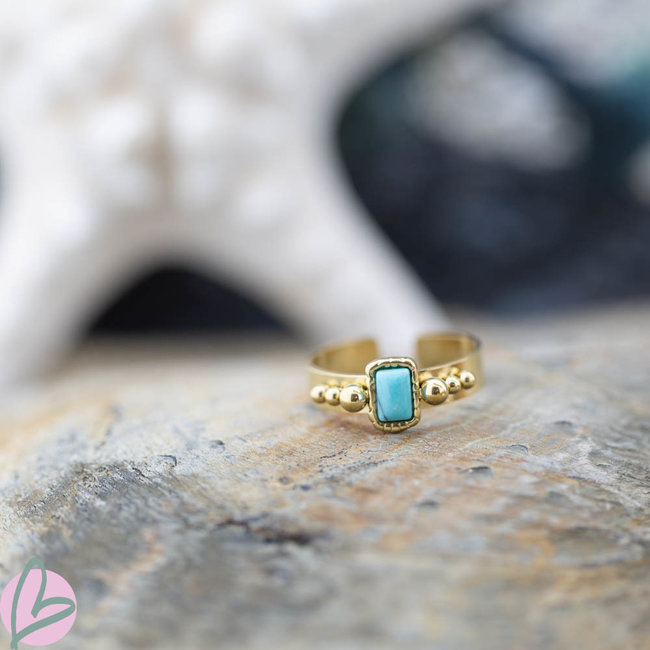 Biba Biba brede ring met rechthoek turquoise steentje