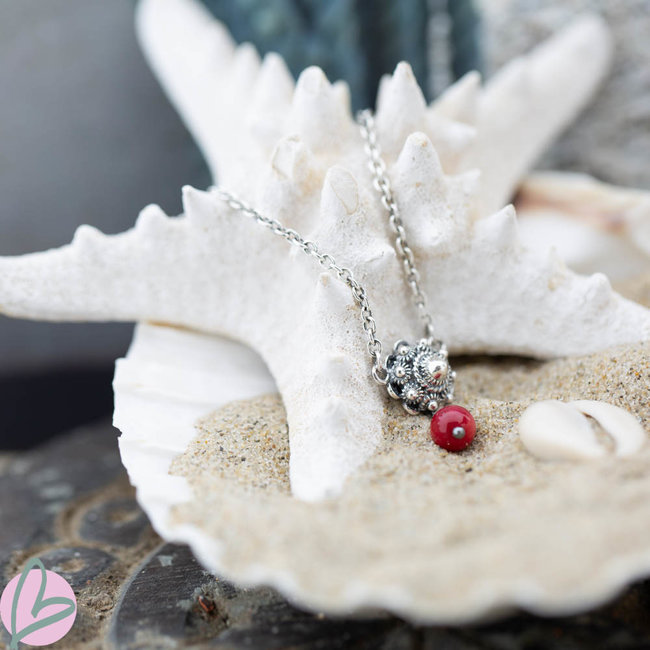 Zeeuws Echt zilveren Zeeuwse knop ketting met koraal