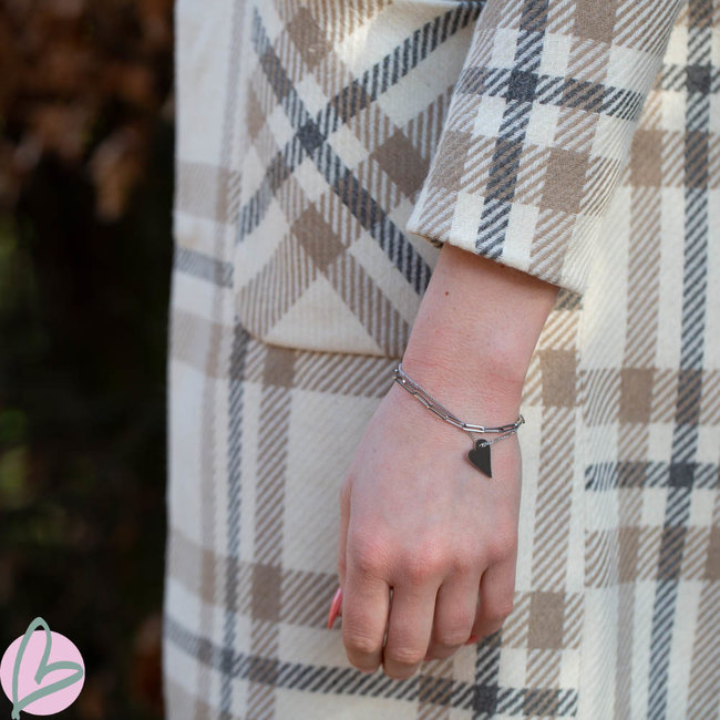 Dubbele zilver armband met schakels en hart