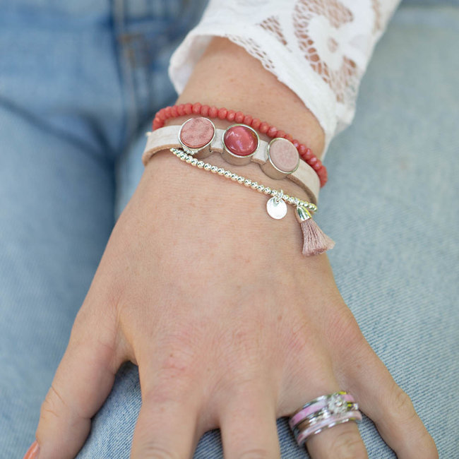 Beadle Leren armband met schuivers set roze