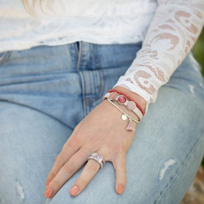 Beadle Leren armband met schuivers set roze