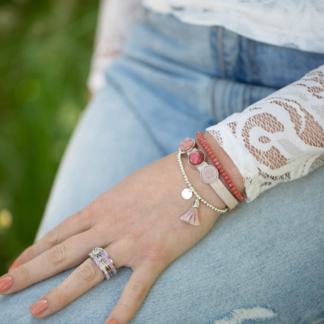 Beadle Leren armband met schuivers set roze