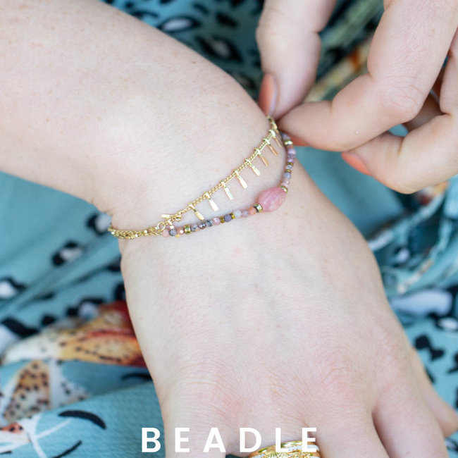 Beadle Goud dubbele armband met roze nude steen