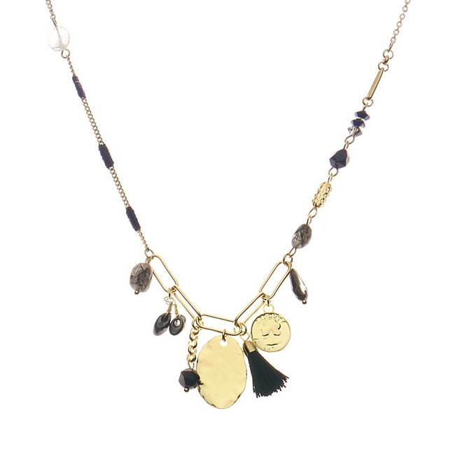 Biba Goud schakel ketting met zwarte bedels