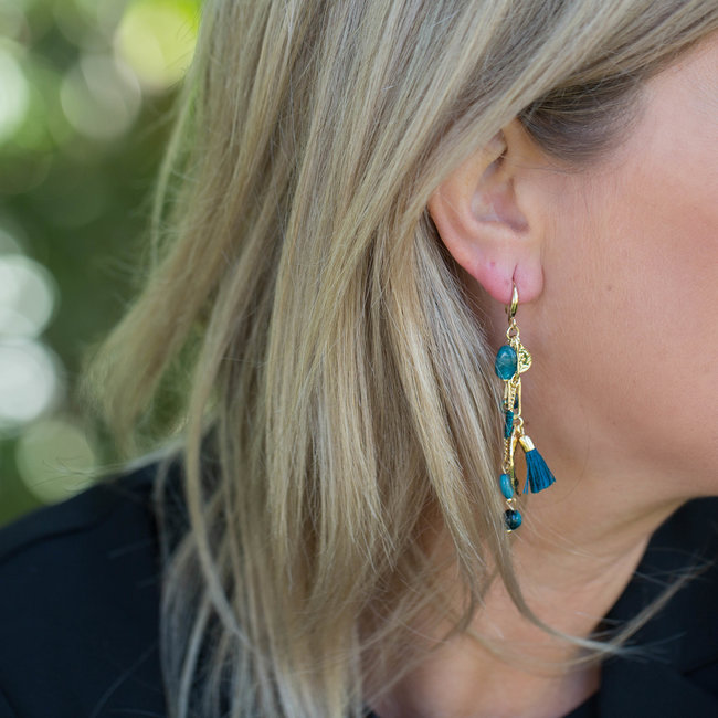 Biba Goud oorhangers met zeeblauwe  hangers