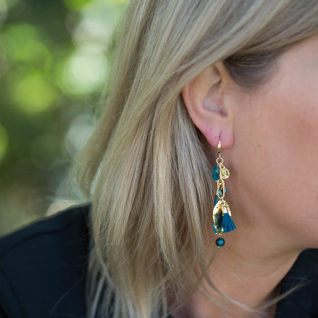 Biba Goud oorhangers met zeeblauwe  hangers