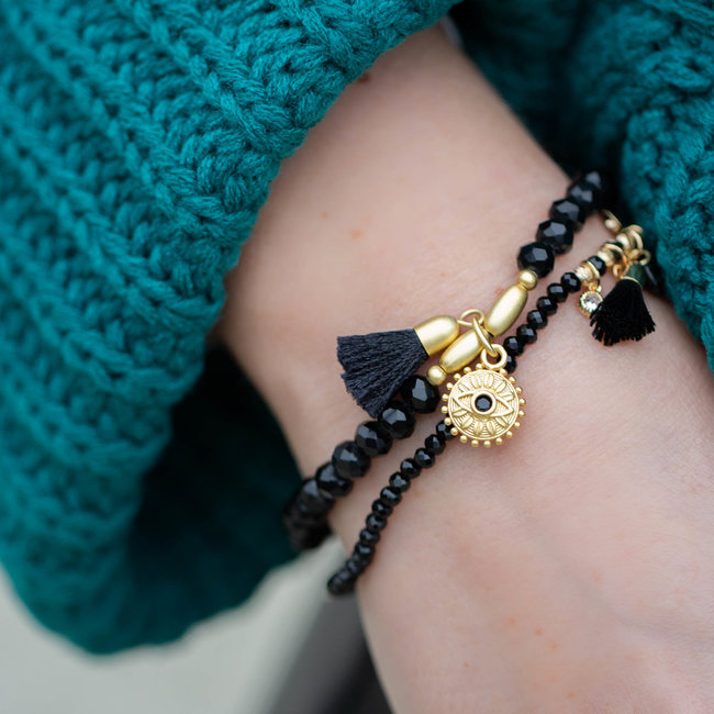 Biba Kralen bandjes zwart met goud munt en kwast