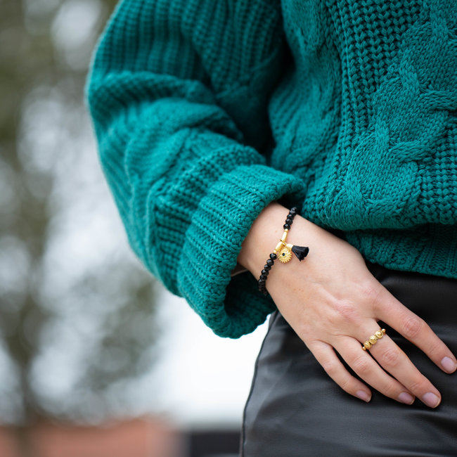 Biba Kralen bandjes zwart met goud munt en kwast