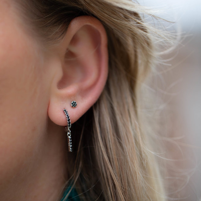 Karma Zirconia Black Hinged Hoops Symbols Tube Silver