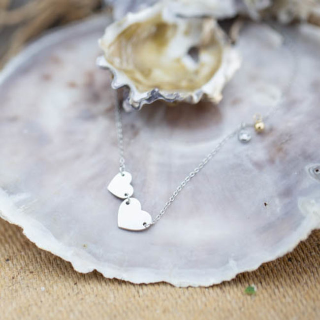 Zilver dubbele harten ketting