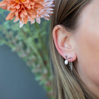 Day & Eve  Zilver oorbellen bar met chain en parel oorbellen