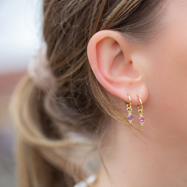 Biba Biba gouden oorringen met een crystal steen in lila en donkerroze
